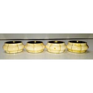 Boho 4 Pack Vintage Brass Inlay Cream Ivory Glaze Napkin Rings 1980s Collectible